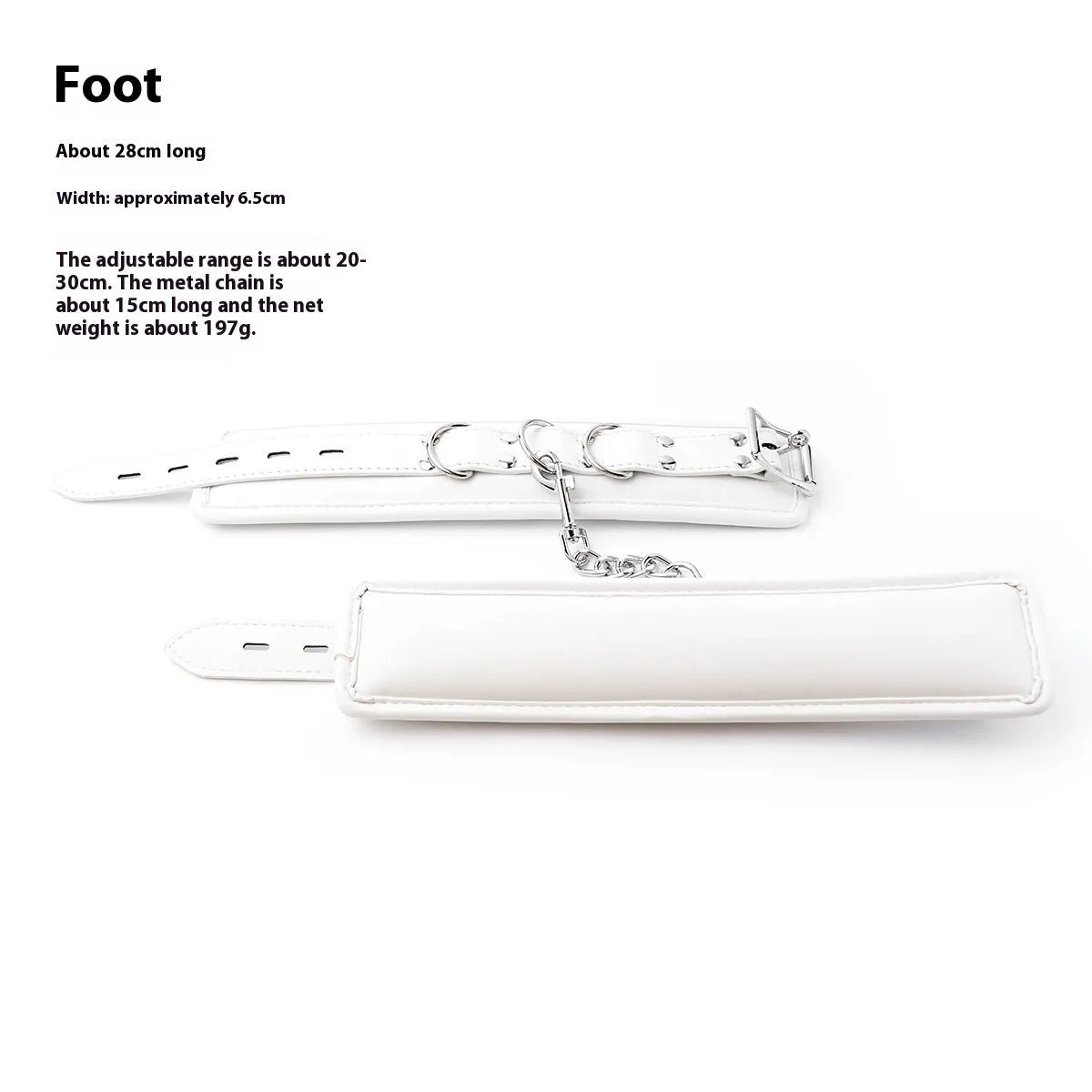 White PU sponge bondage set showing handcuffs, foot cuffs, and neck scarf arranged together