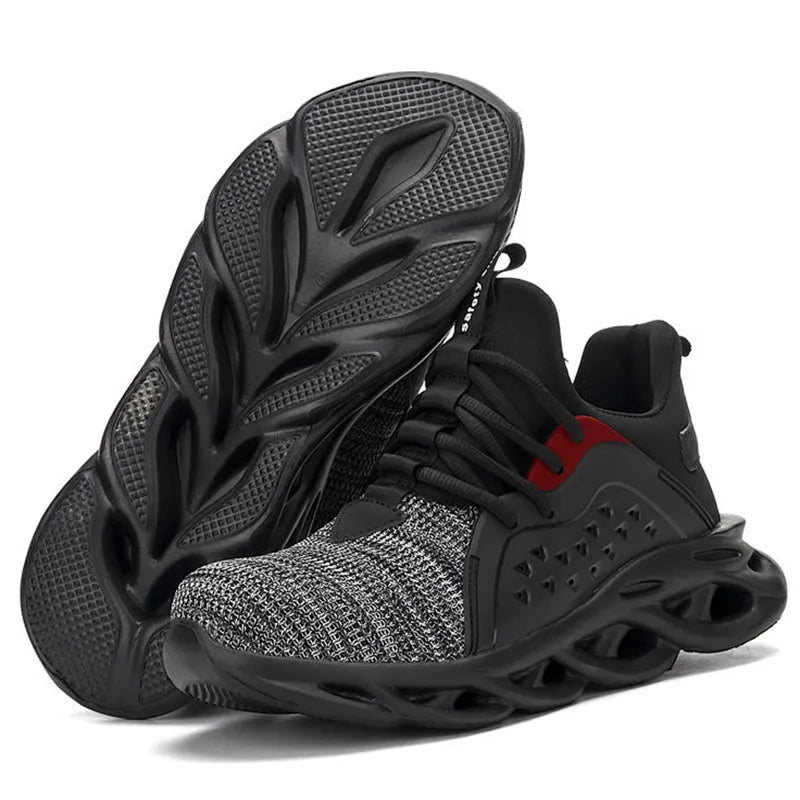 Men's anti-puncture safety sneakers with steel toe, lace up, black, breathable fly woven upper and EVA sole