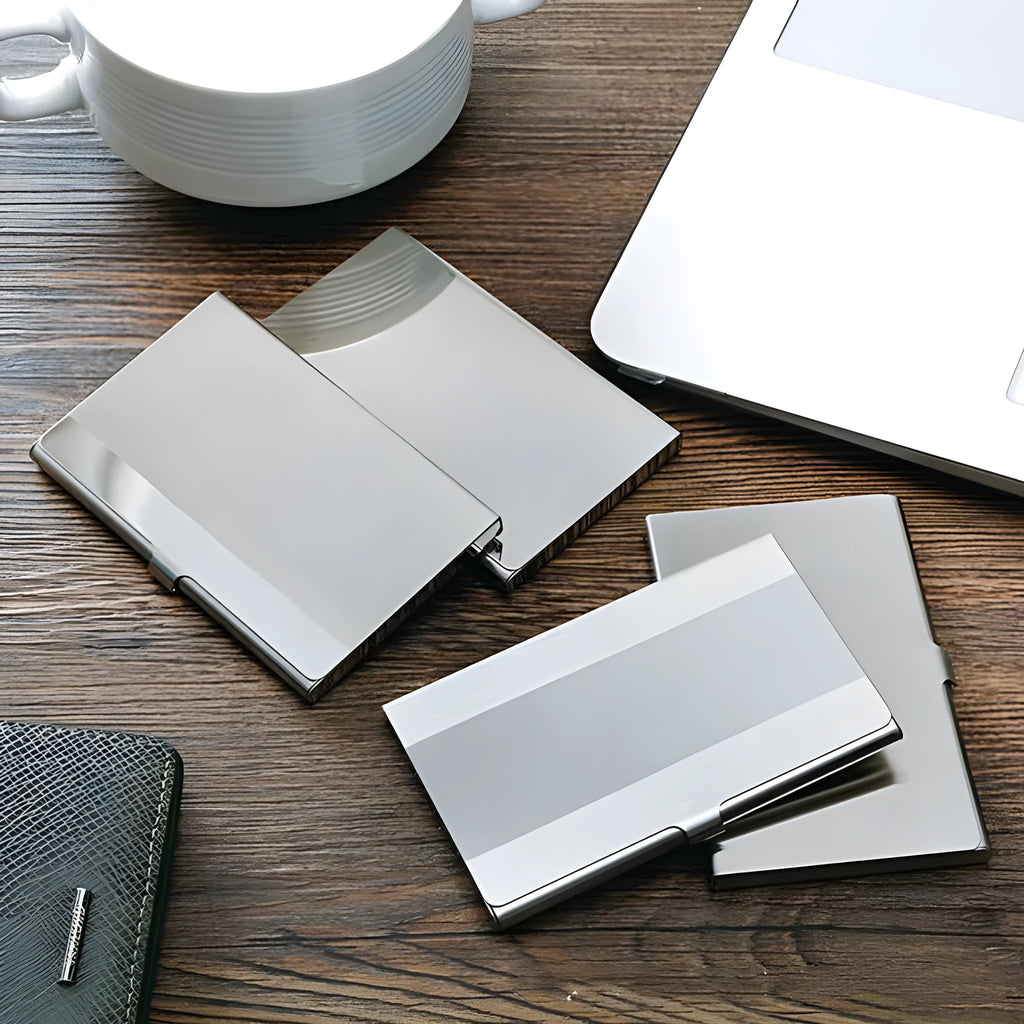 304 stainless steel business card case with laser sculpted geometric pattern and bevel edges