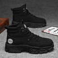 Men's black and yellow high-top Martin boots with a mid heel and injection moulded sole