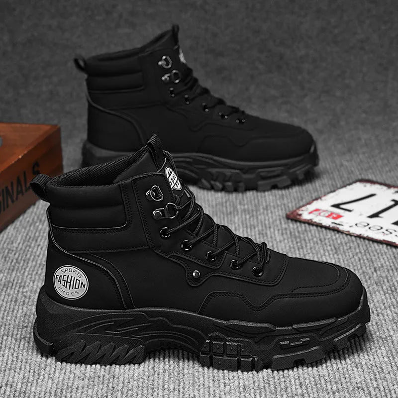 Men's black and yellow high-top Martin boots with a mid heel and injection moulded sole