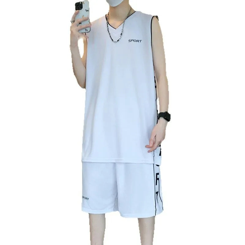 Basketball wear sleeveless vest and shorts sports suit in white, polyester fibre, summer training