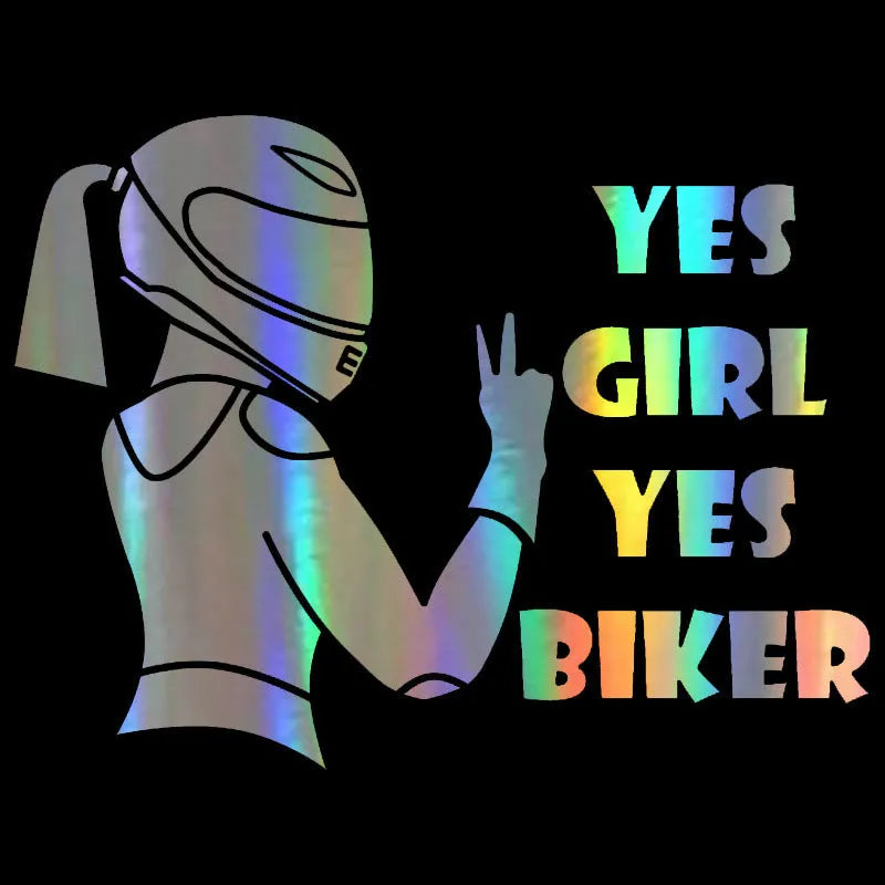Cool girl rider design car sticker in black, white, and laser colours, 16cm by 15cm.