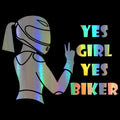 Cool girl rider design car sticker in black, white, and laser colours, 16cm by 15cm.