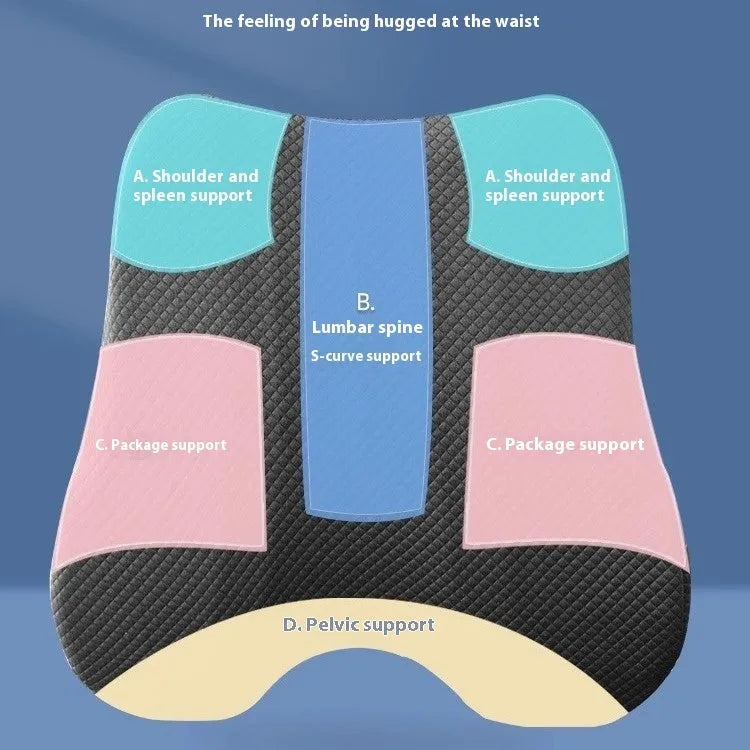 Gray lumbar support cushion for office chair, dimensions 40x40x8cm, shown on a desk chair.