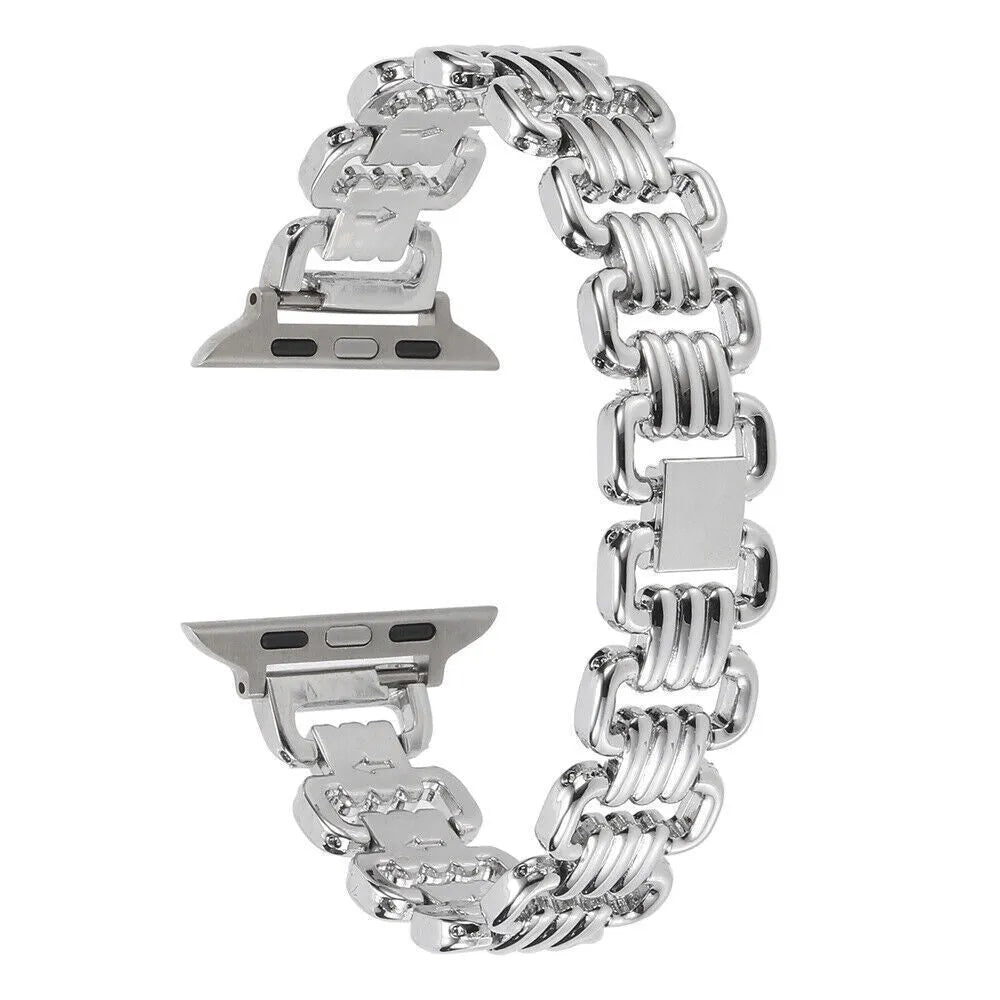 Alloy metal Apple Watch replacement band in silver, black, gold, rose gold, and starlight colours with adjustable clasp.