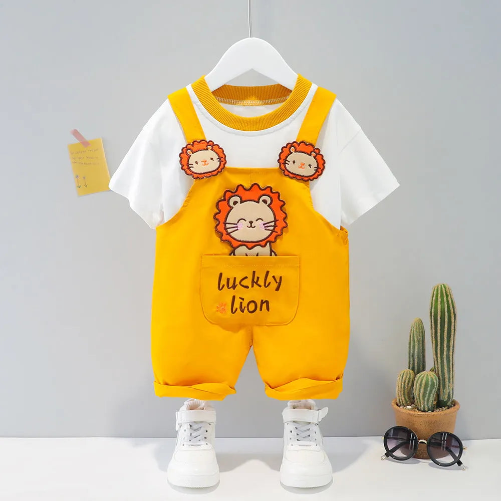Yellow cotton baby cartoon short-sleeved overalls with strap design on a hanger