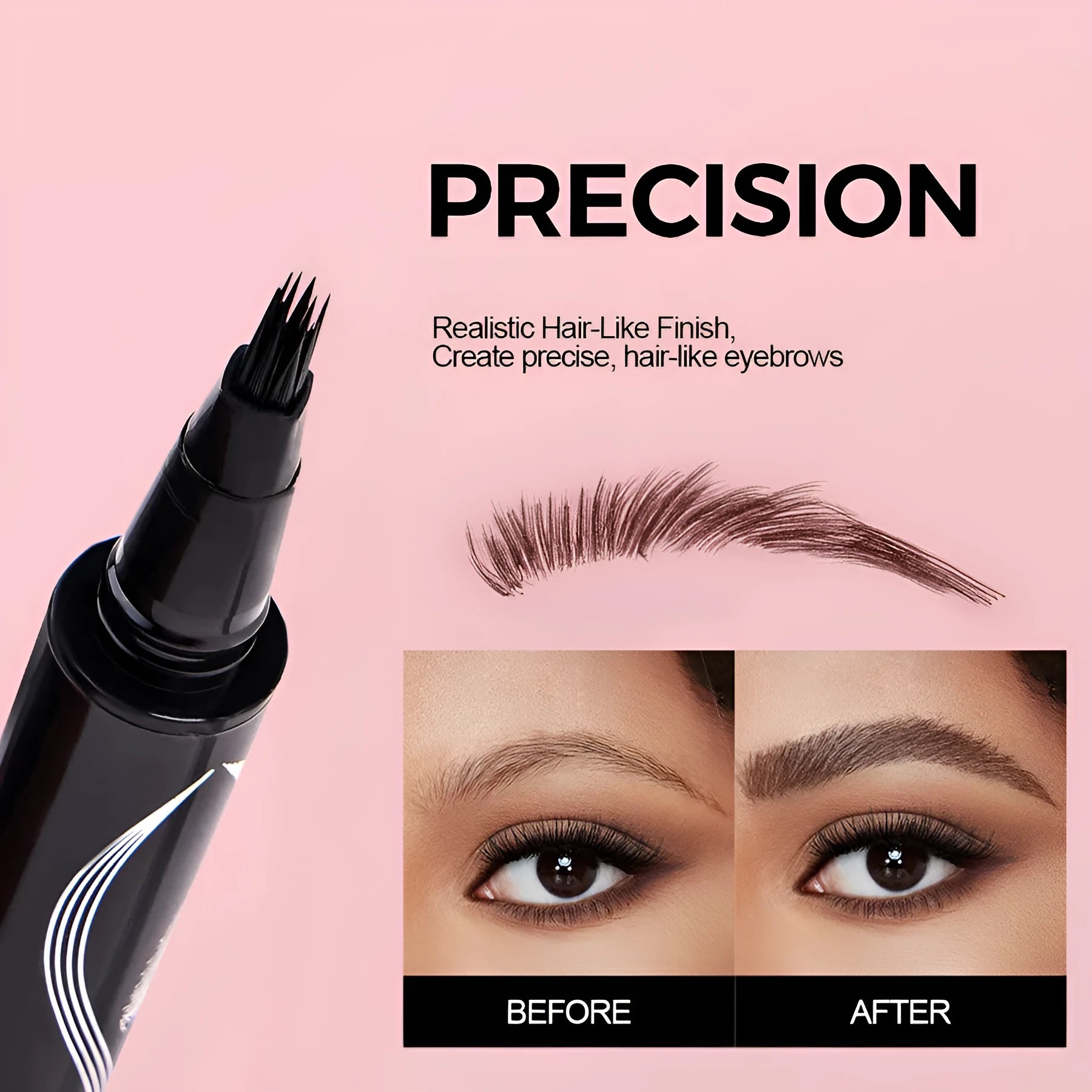 Four-fork waterproof sweatproof eyebrow pencil in black packaging with colour options Caramel Blonde, Mocha, Slate Brown, Black
