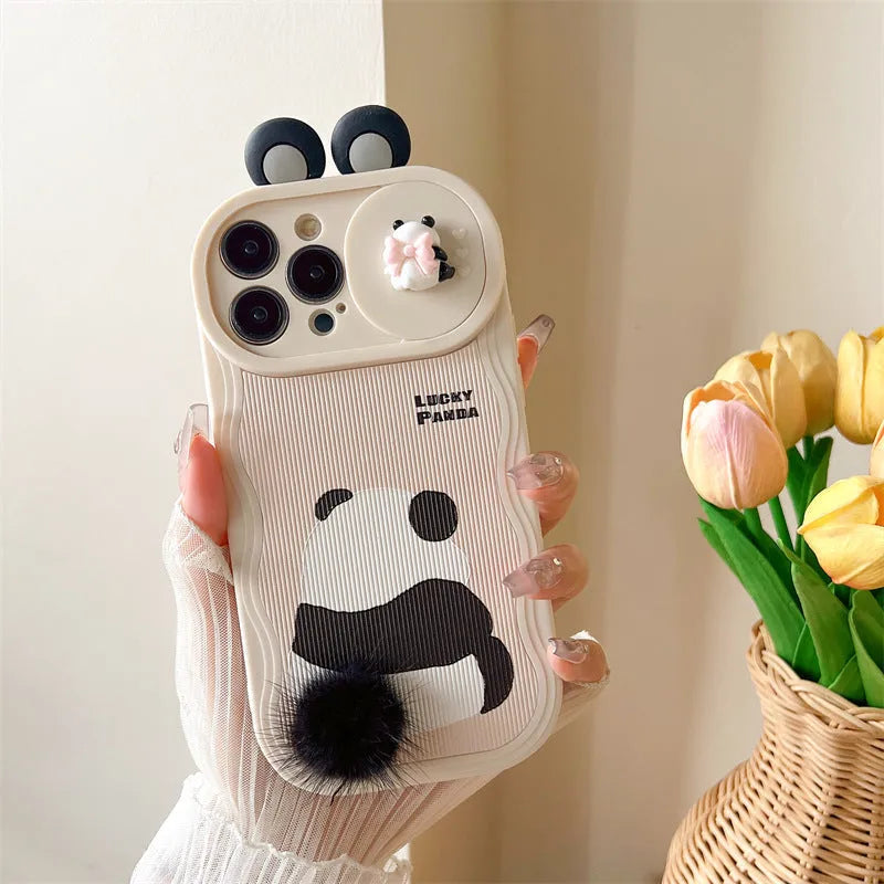 Furry panda phone case with hand-woven tail, soft silicone, for Apple iPhone