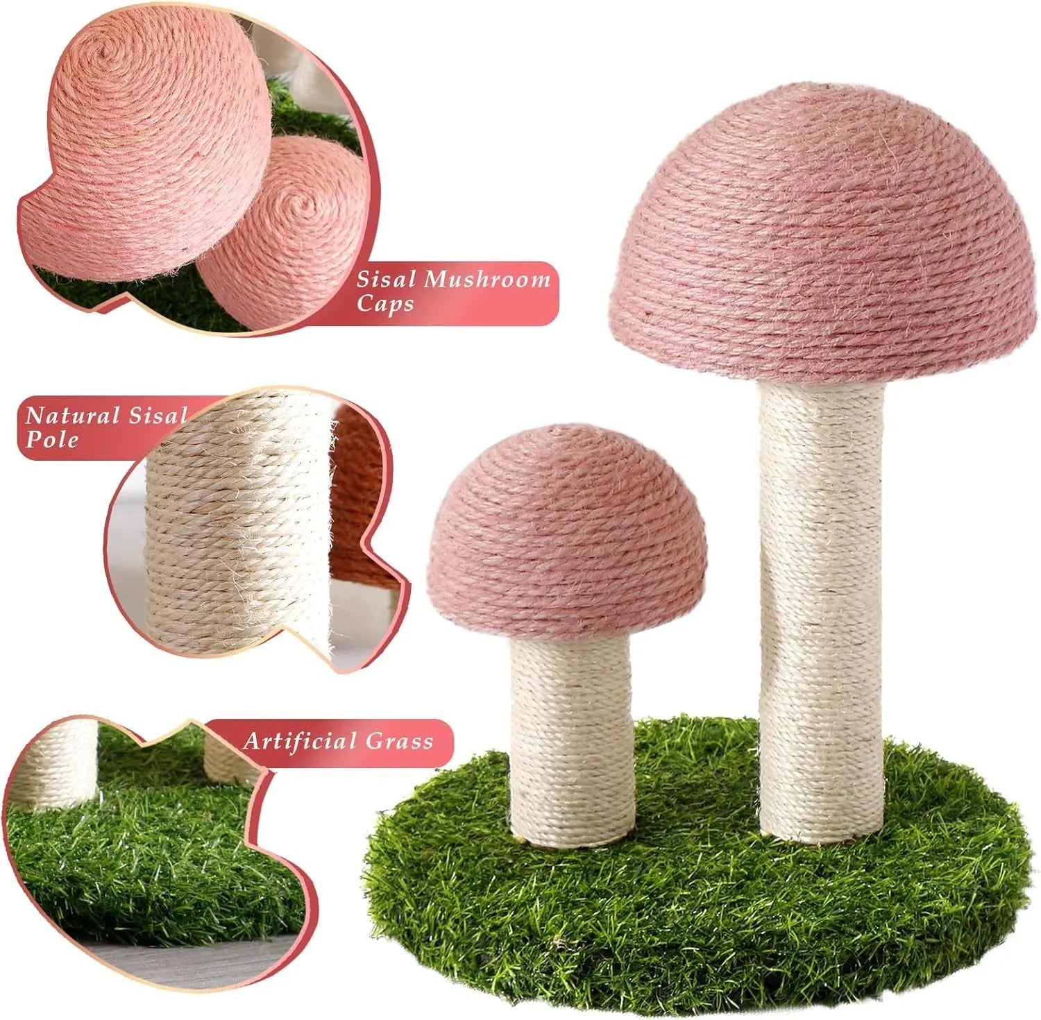 Pink mushroom-shaped cat scratching post with natural sisal caps for small cats