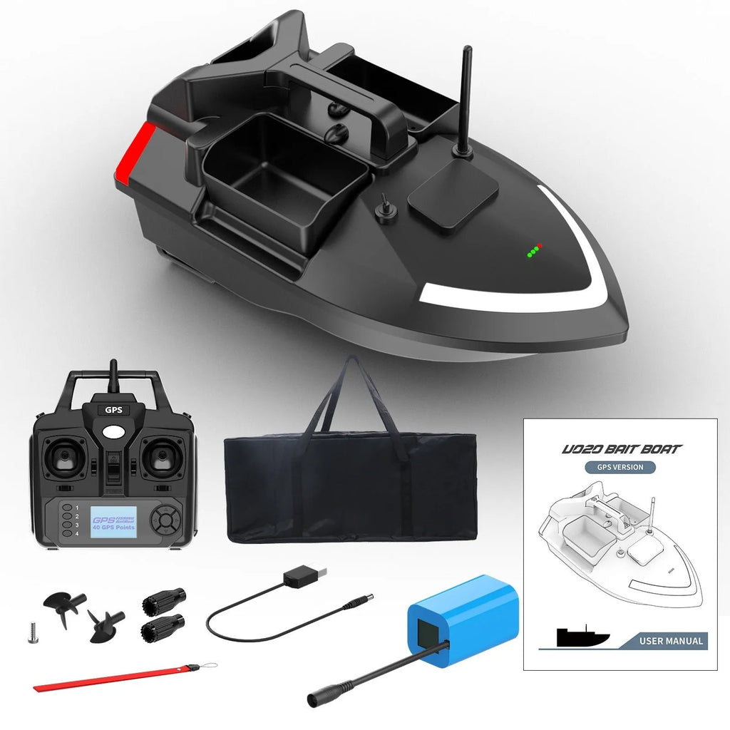 V020 GPS remote control fishing boat with black or luminous yellow hull and handbag