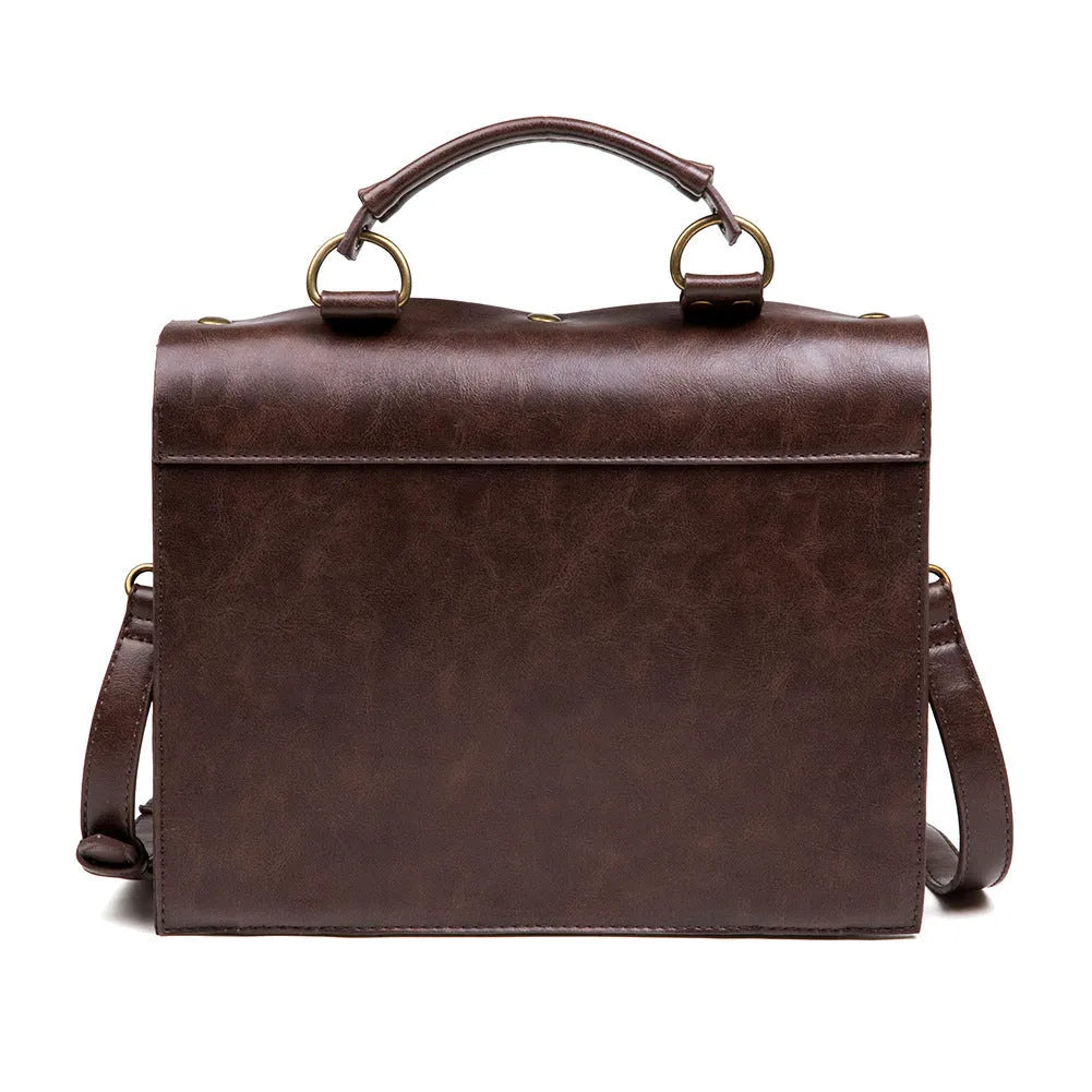 Bronze steampunk shoulder bag with industrial retro styling and horizontal square shape