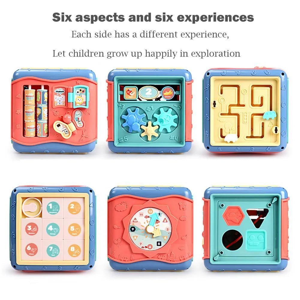 Baby Montessori hexahedron educational toy showing six sides with different learning activities