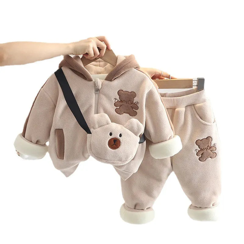 Padded hooded cotton baby winter coat set in beige with trousers, quilted zip-up Korean style