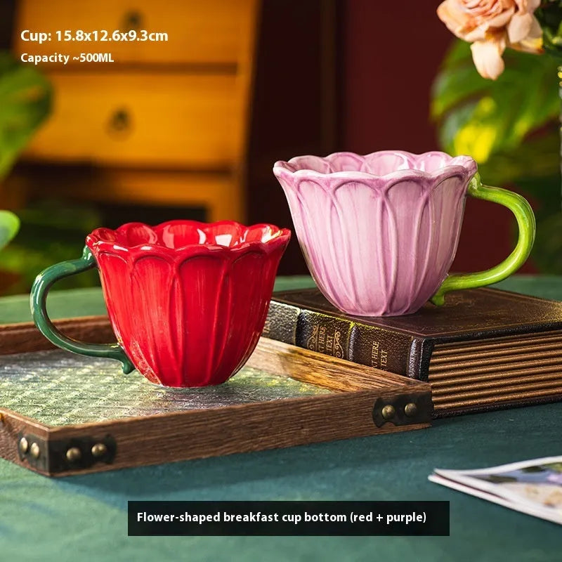 Red and purple floral pattern ceramic breakfast mug with handle, 500ml capacity
