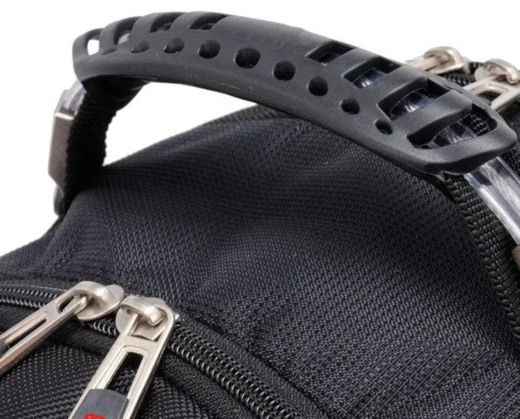 Black business computer backpack showing multiple compartments and organisational pockets for laptop carry.