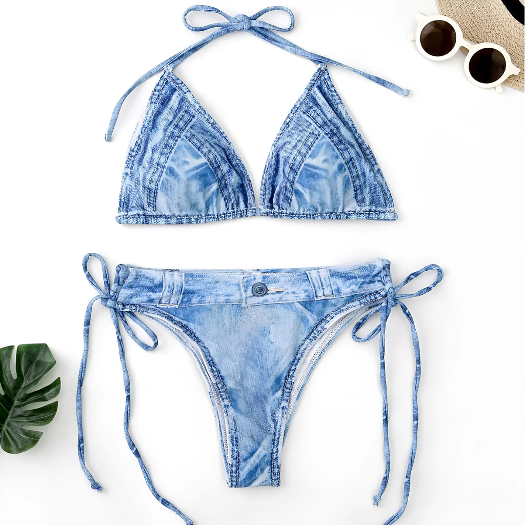 Women's denim pattern two-piece bikini swimsuit set in colourful colour, polyester fabric, front view