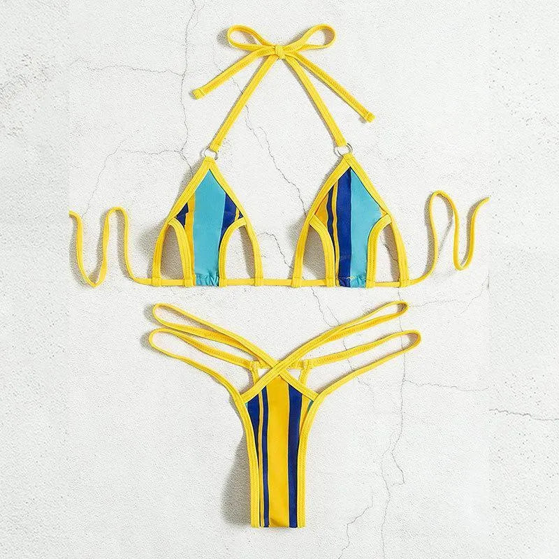 Yellow women's split swimsuit with hollow back design and high-waist shorts