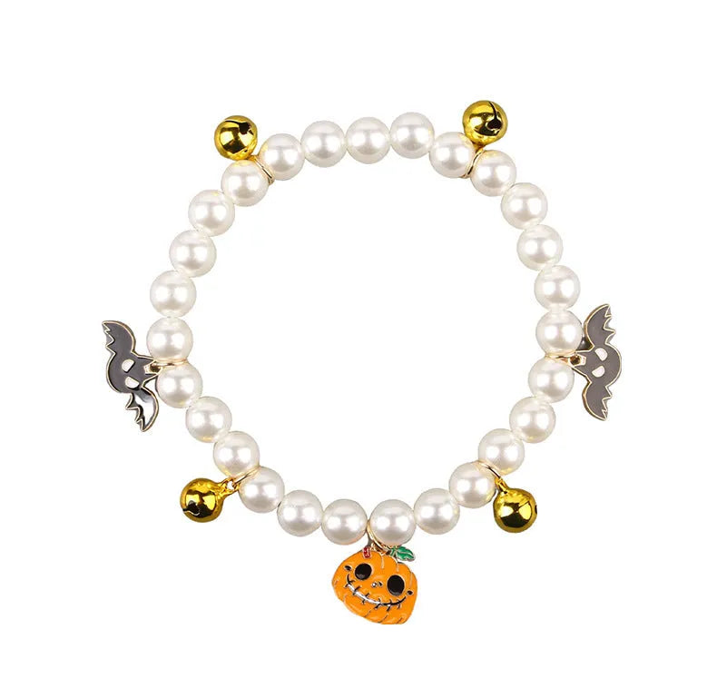 Simulated pearl Halloween cat collar with pumpkin and ghost decoration designs
