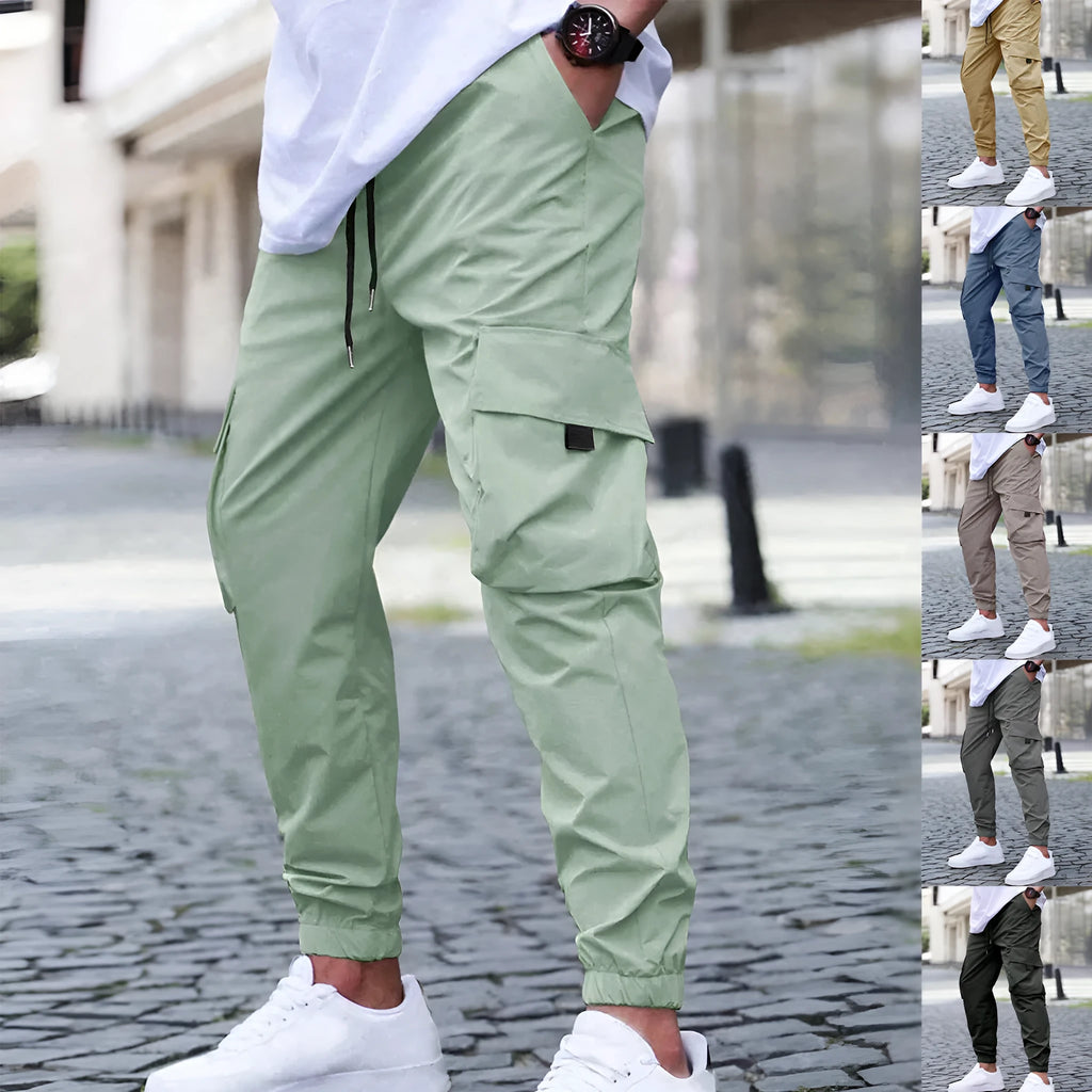 Workwear casual pants with drawstring elastic waist, solid colour, skinny leg, polyester, available in Asian sizes S-3XL