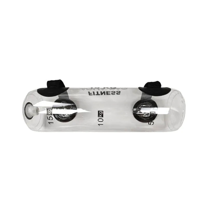 Transparent PVC water injection weight training bag showing adjustable fill levels from 5kg to 50kg capacity