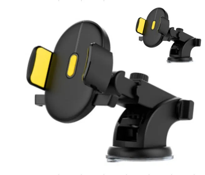 Yellow and black car phone holder with telescopic arm and suction cup mount on a dashboard