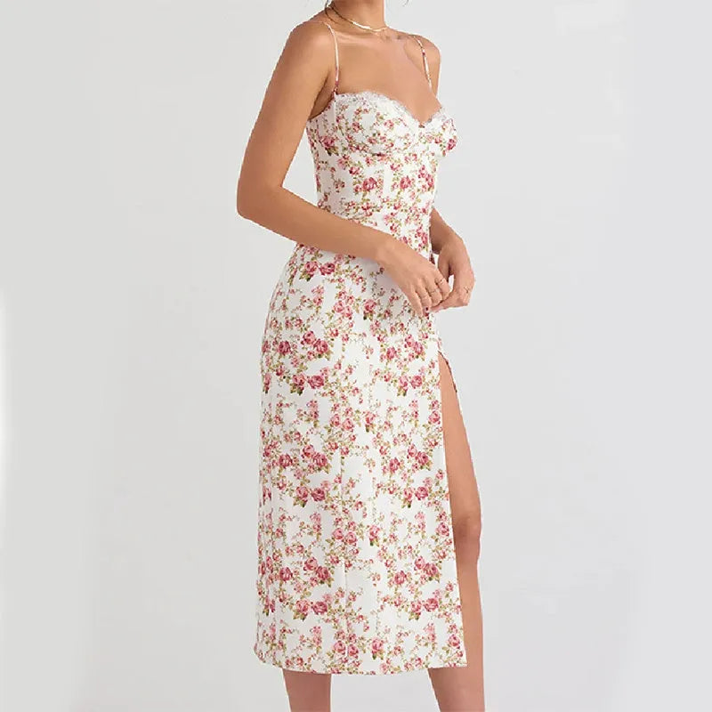 Womens blue lace flowers print long dress with side slit and black suspender straps.