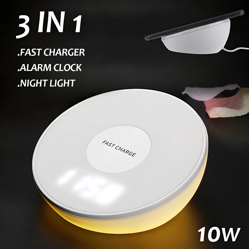 White wireless charger with digital clock display showing time and charging smartphone