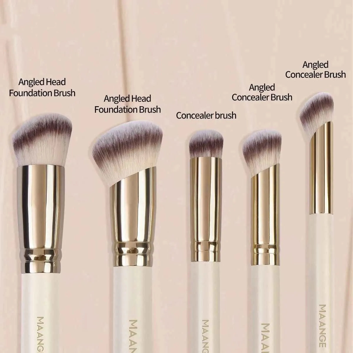 MAANGE five-piece angled blush makeup brush set in apricot colour with synthetic bristles