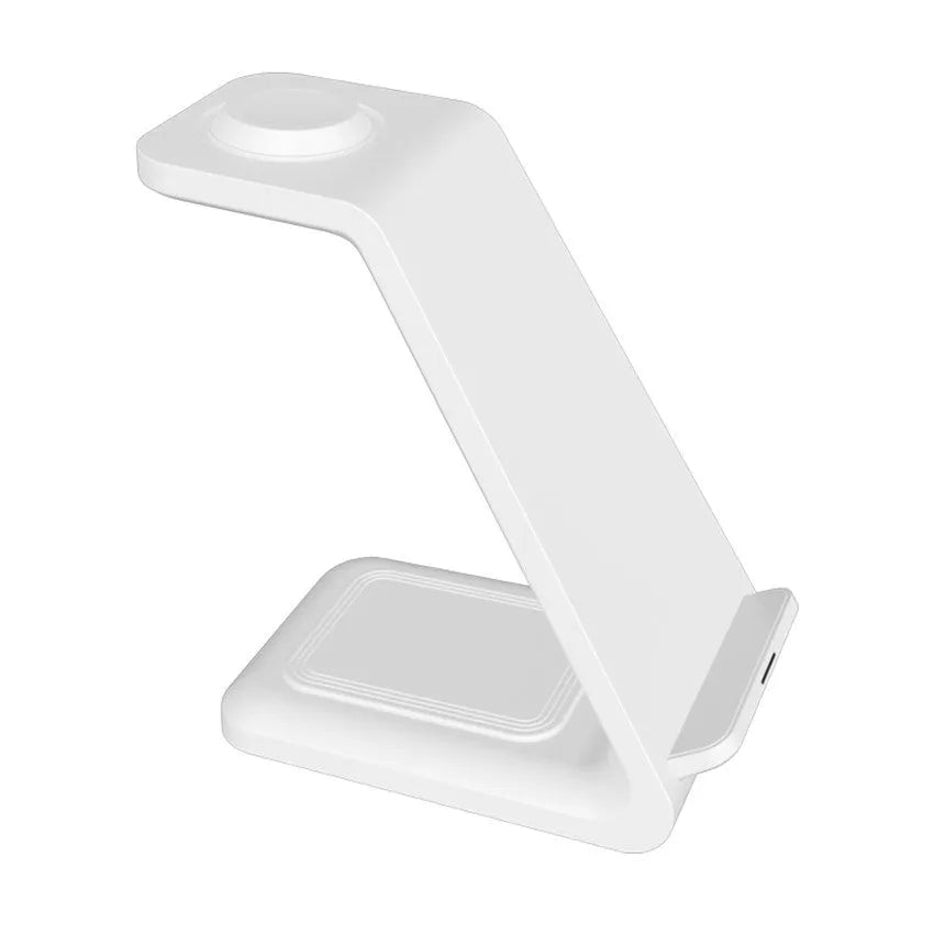 White upright wireless phone charger stand with dual coil technology and Type-C cable