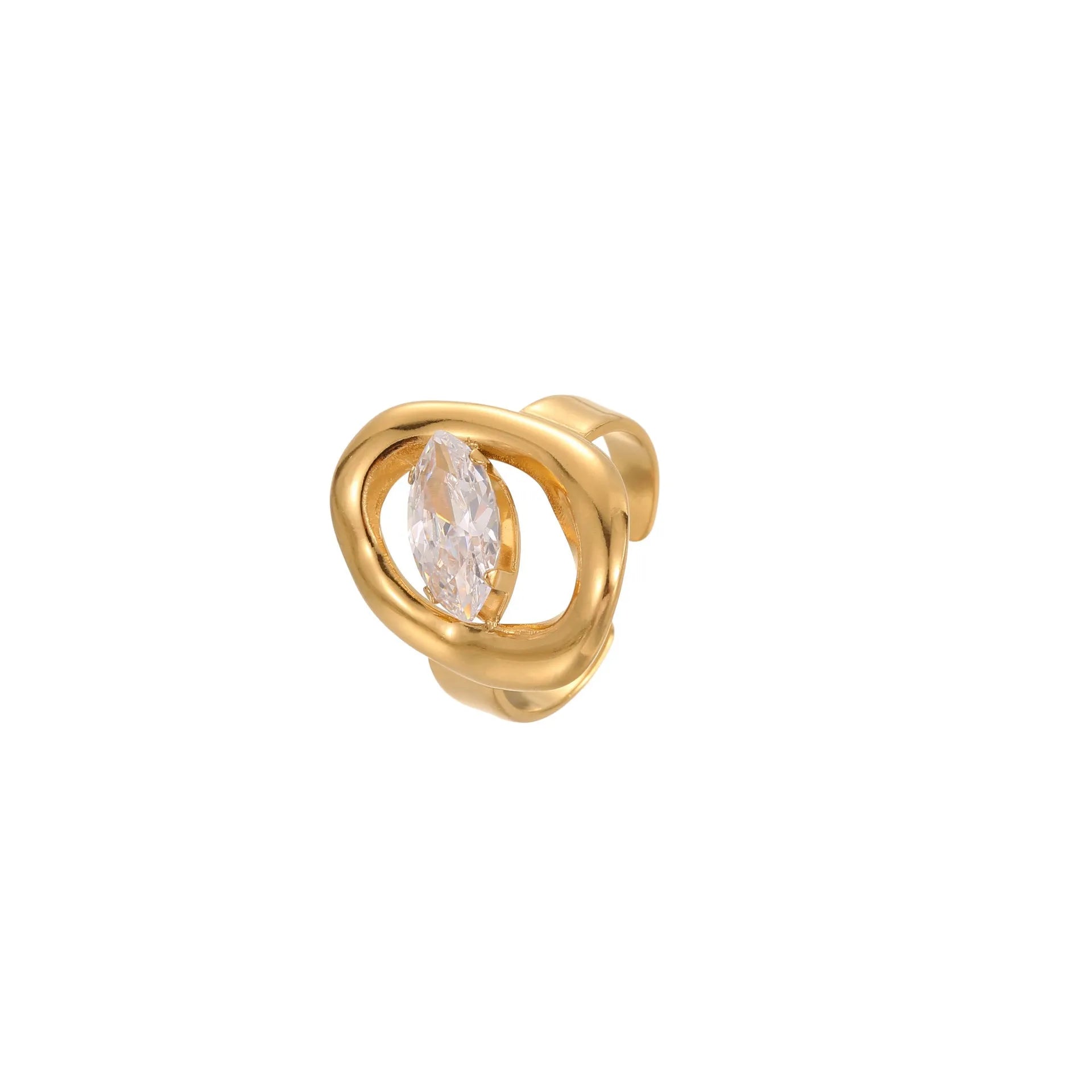 Women's stainless steel geometric zircon ring with open mouth design on a hand.
