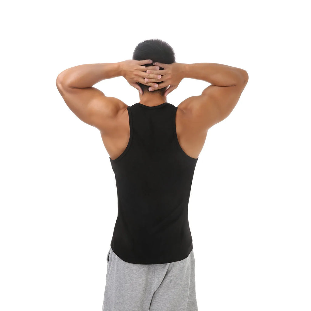 Men's loose-fitting deep V-neck nylon sports vest in black, front view, sleeveless design with wide armholes