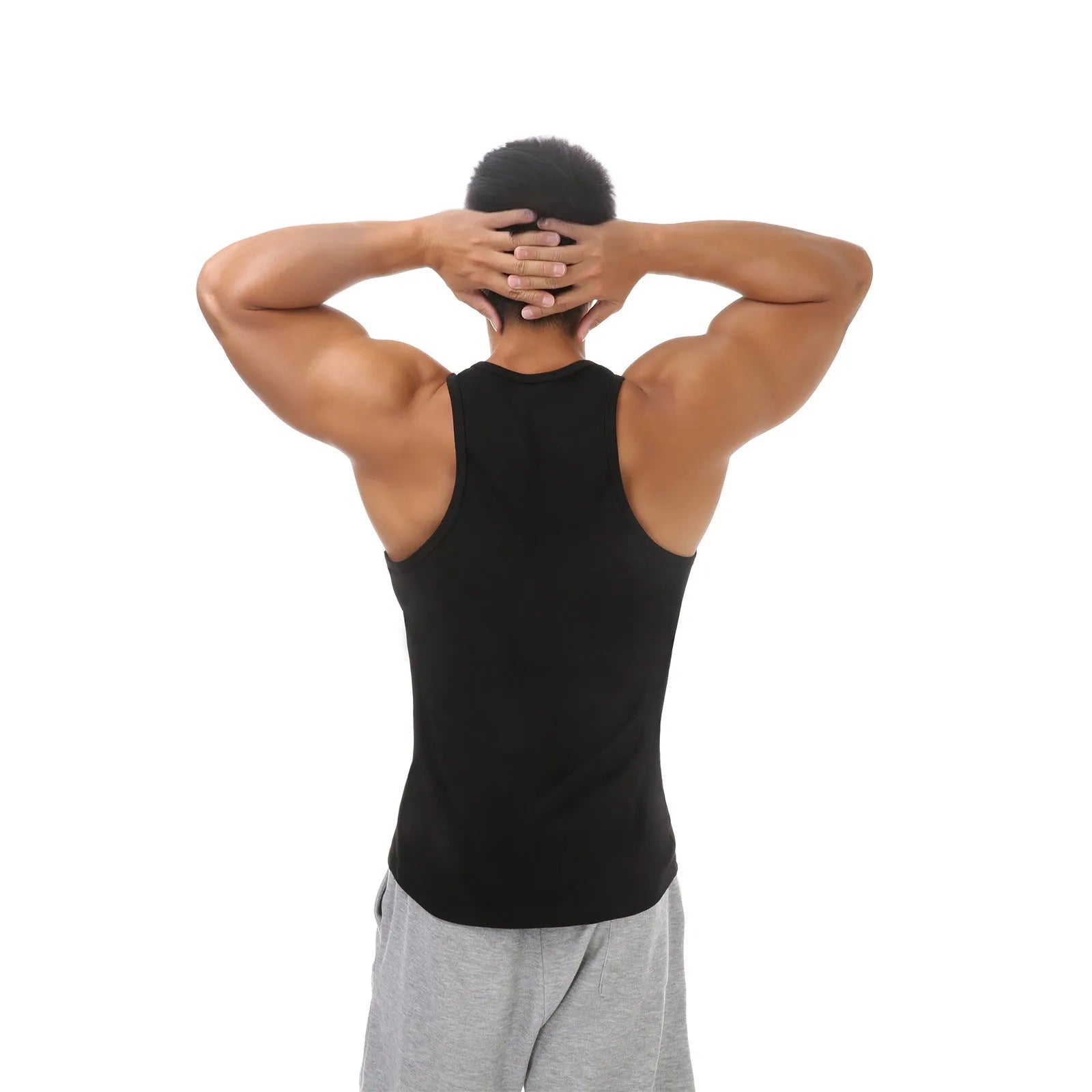 Men's loose-fitting deep V-neck nylon sports vest in black, front view, sleeveless design with wide armholes