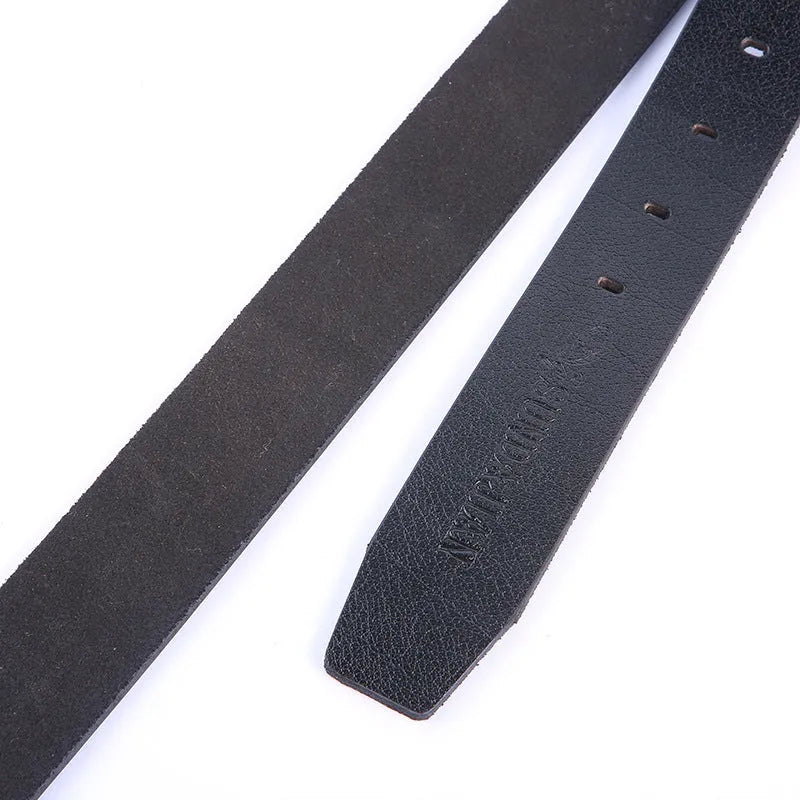 Leather pin buckle belt in black and camel colours on a plain background