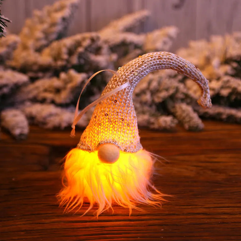 Handmade Swedish gnome LED Christmas tree ornament with warm light, yarn plush body 8x20cm beige colour