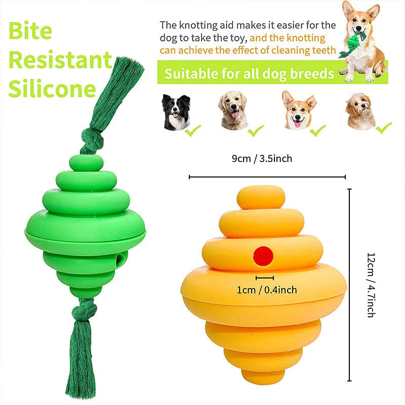 Green and yellow split oval dog ball with attached rope, a treat-dispensing chew toy