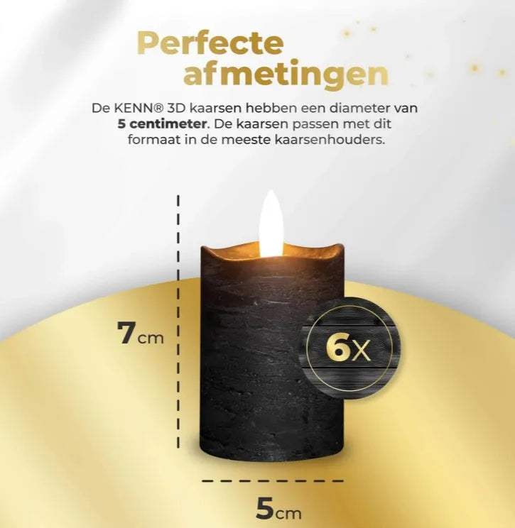 Black S6 LED flameless pillar candle measuring 5cm wide by 7cm tall.