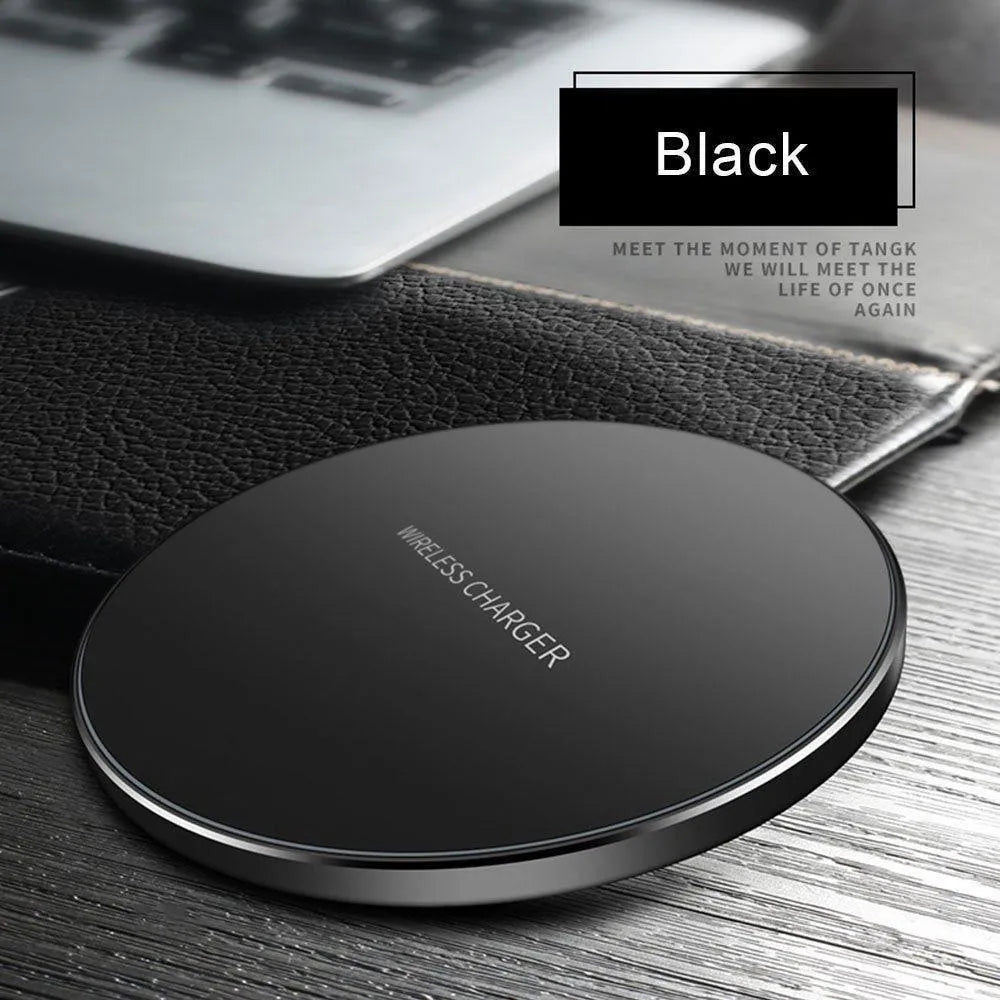 Black on black ultra-thin wireless fast charger with 98mm diameter aluminium construction