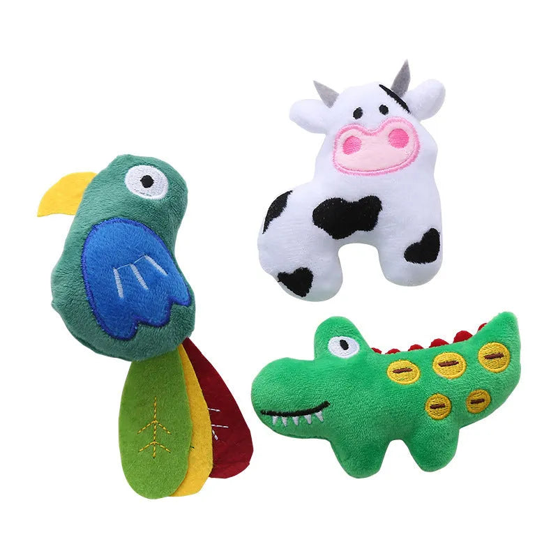 Plush cat toy in shape of cow, crocodile or parrot with catnip filling for interactive play