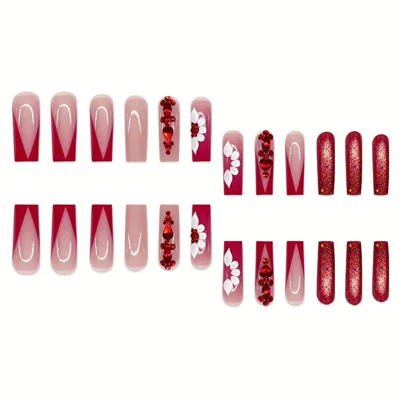 Flower pattern fake nails with red transparent diamond accents in European square long shape