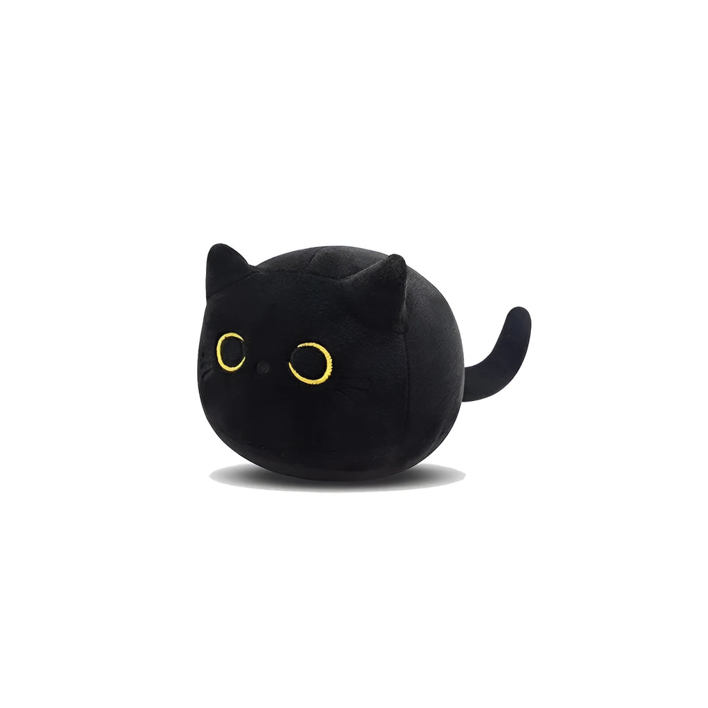 Fluffy black cat plush toy stuffed animal cushion on a sofa