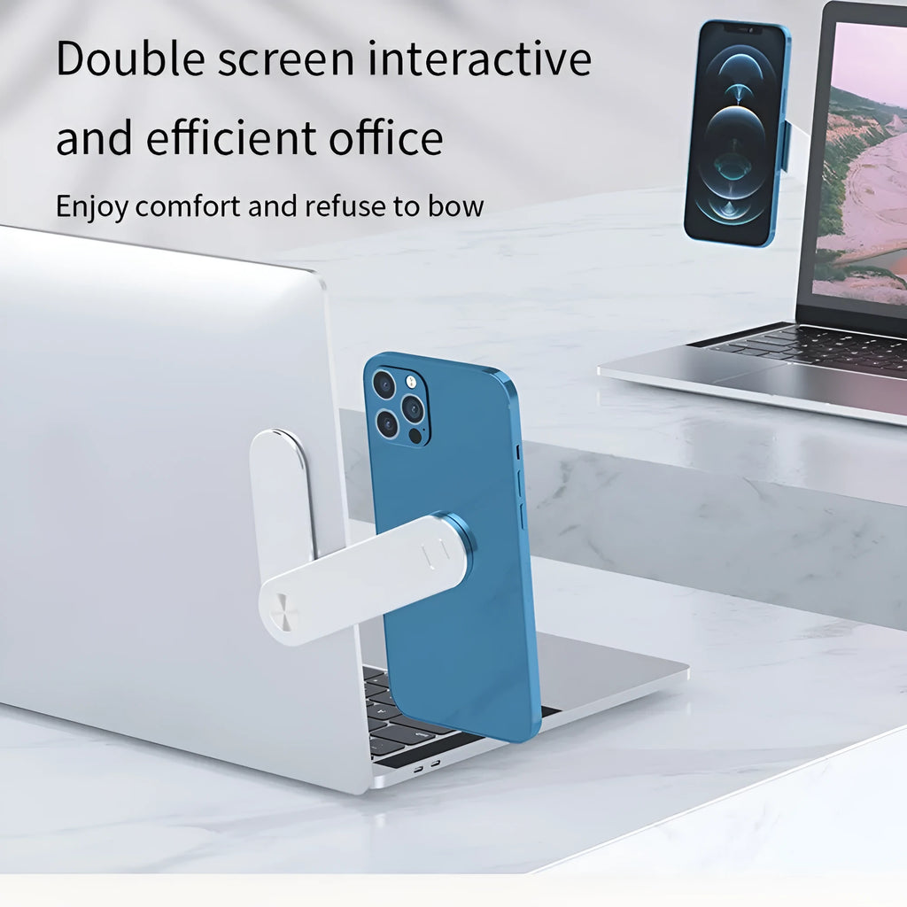 Black aluminium laptop phone holder with magnetic mount attached to a laptop screen.