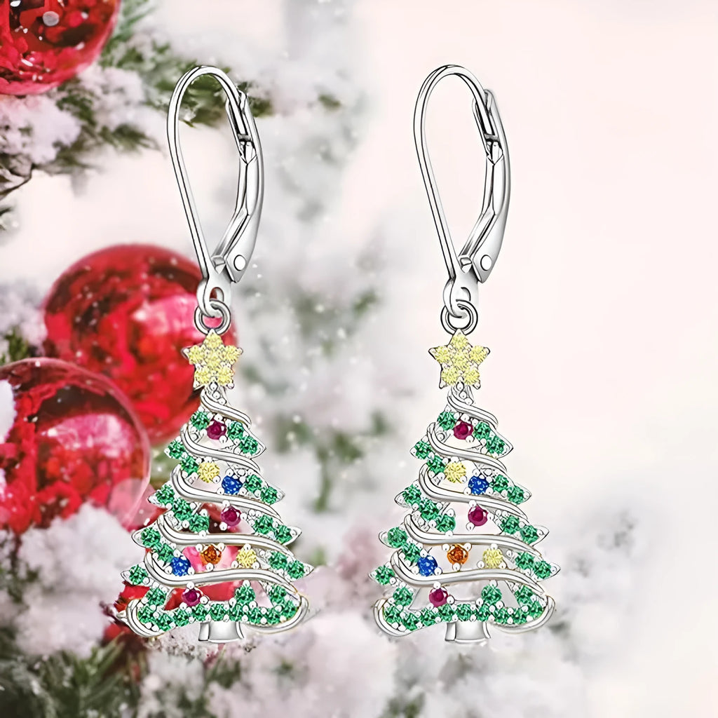 Women's Christmas tree earrings with star-shaped design in white gold colour finish