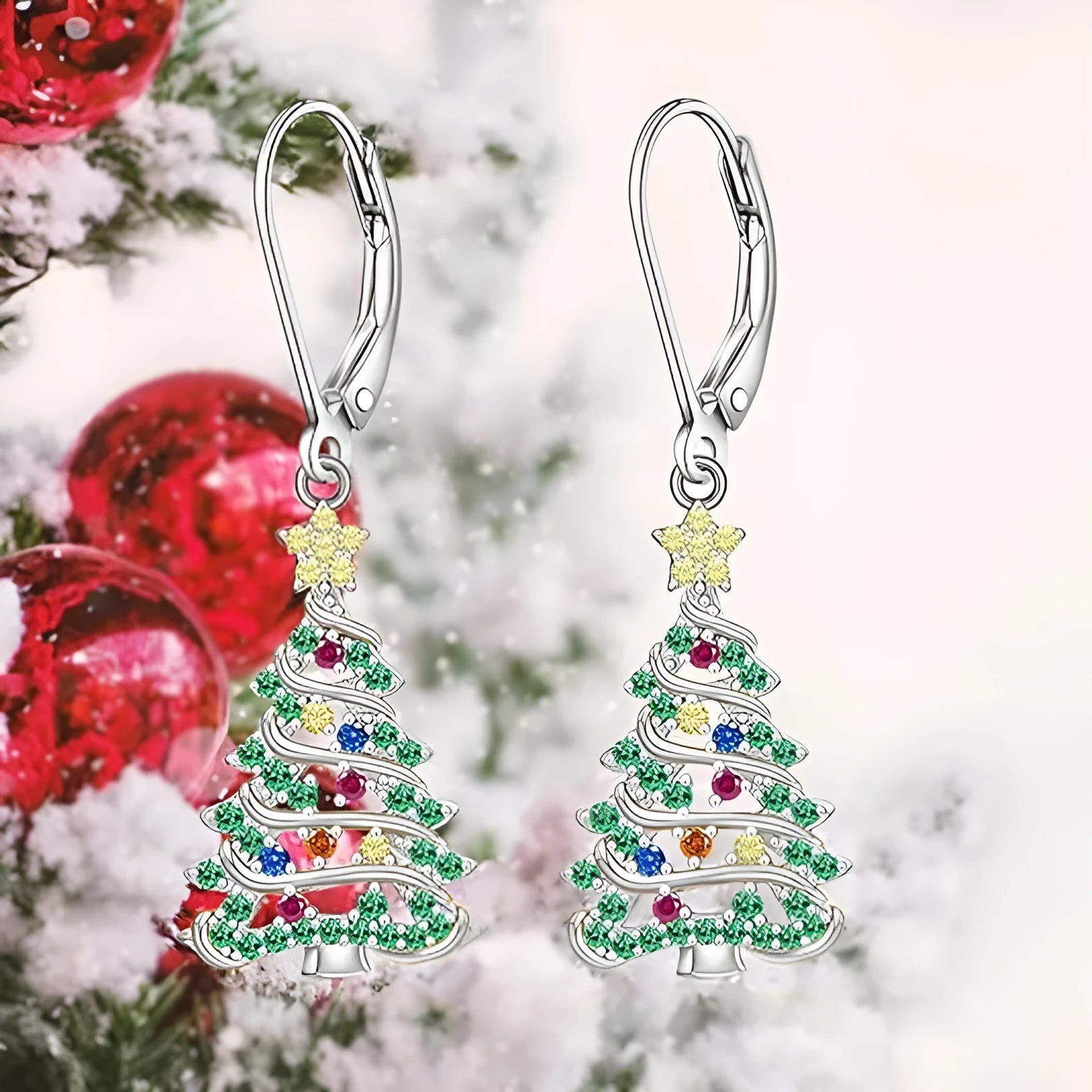 Women's Christmas tree earrings with star-shaped design in white gold colour finish
