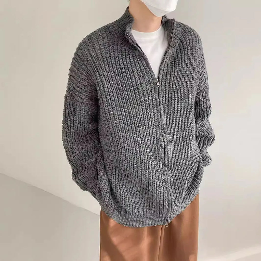 Men's half turtleneck solid colour cardigan sweater coat in black, loose fit, long sleeves