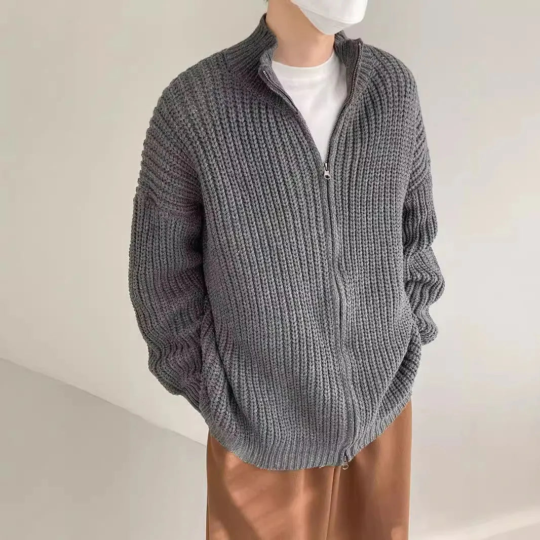 Men's half turtleneck solid colour cardigan sweater coat in black, loose fit, long sleeves