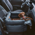Green waterproof PU dog car nest with removable cover, shown on a car seat, dimensions 55x50x45cm.