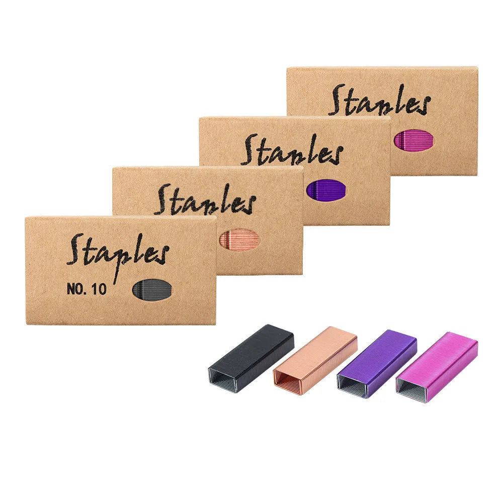 Box of 1000 metal office staples showing black, purple, rose gold, and rose red colour options.