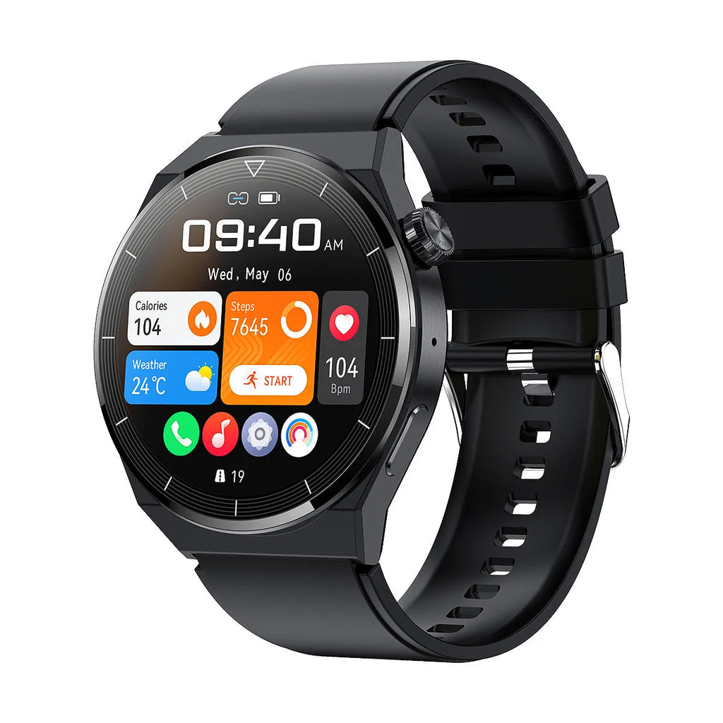 Round Android smart watch with black silicone strap showing NFC and Bluetooth calling features on its screen.