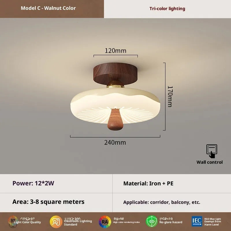 Antique glass ceiling lamp with remote control and tricolour light in wood colour finish for bedroom